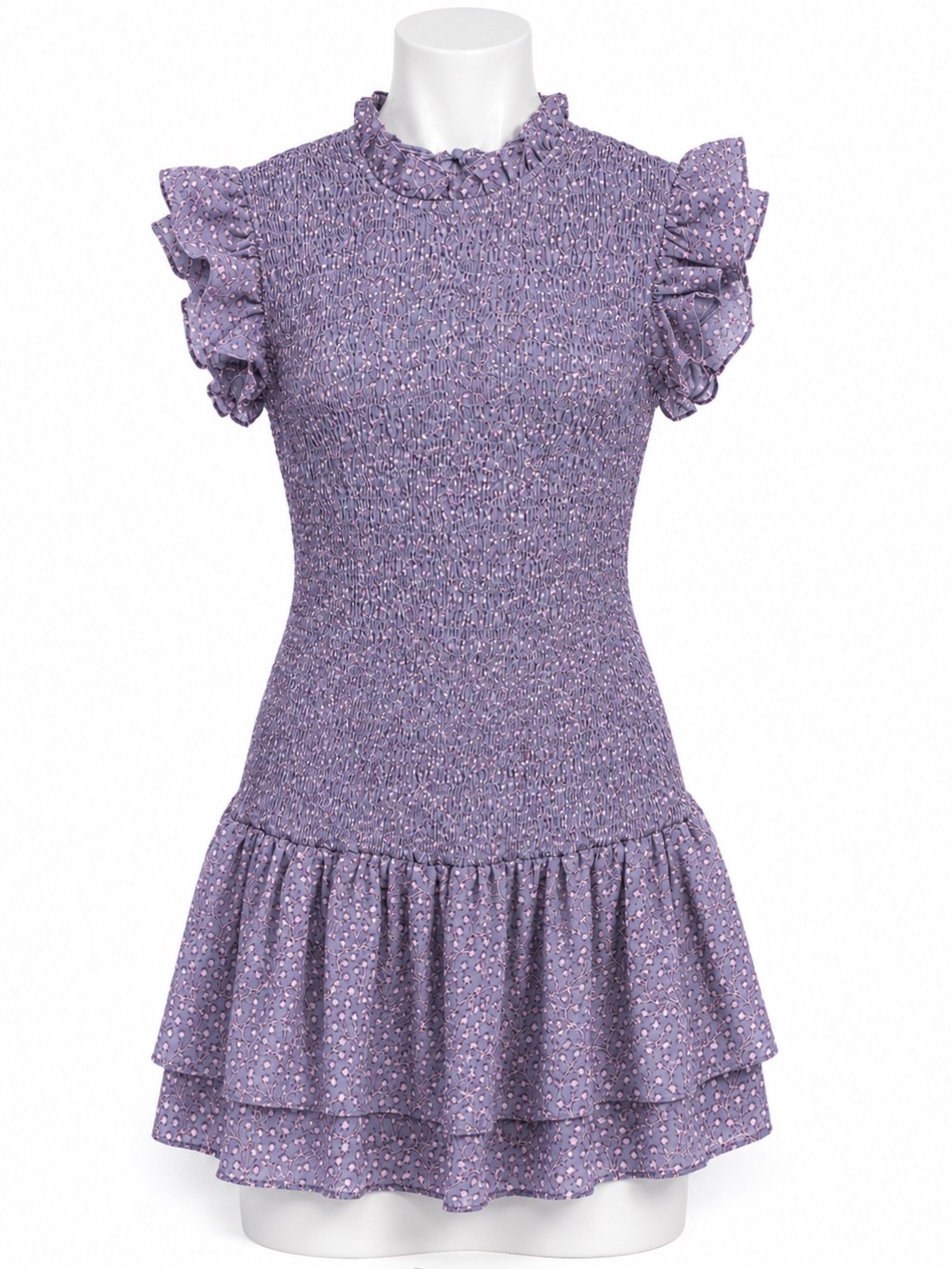 French Connection Floral Smocked Mini Dress Size M Lavender Pink